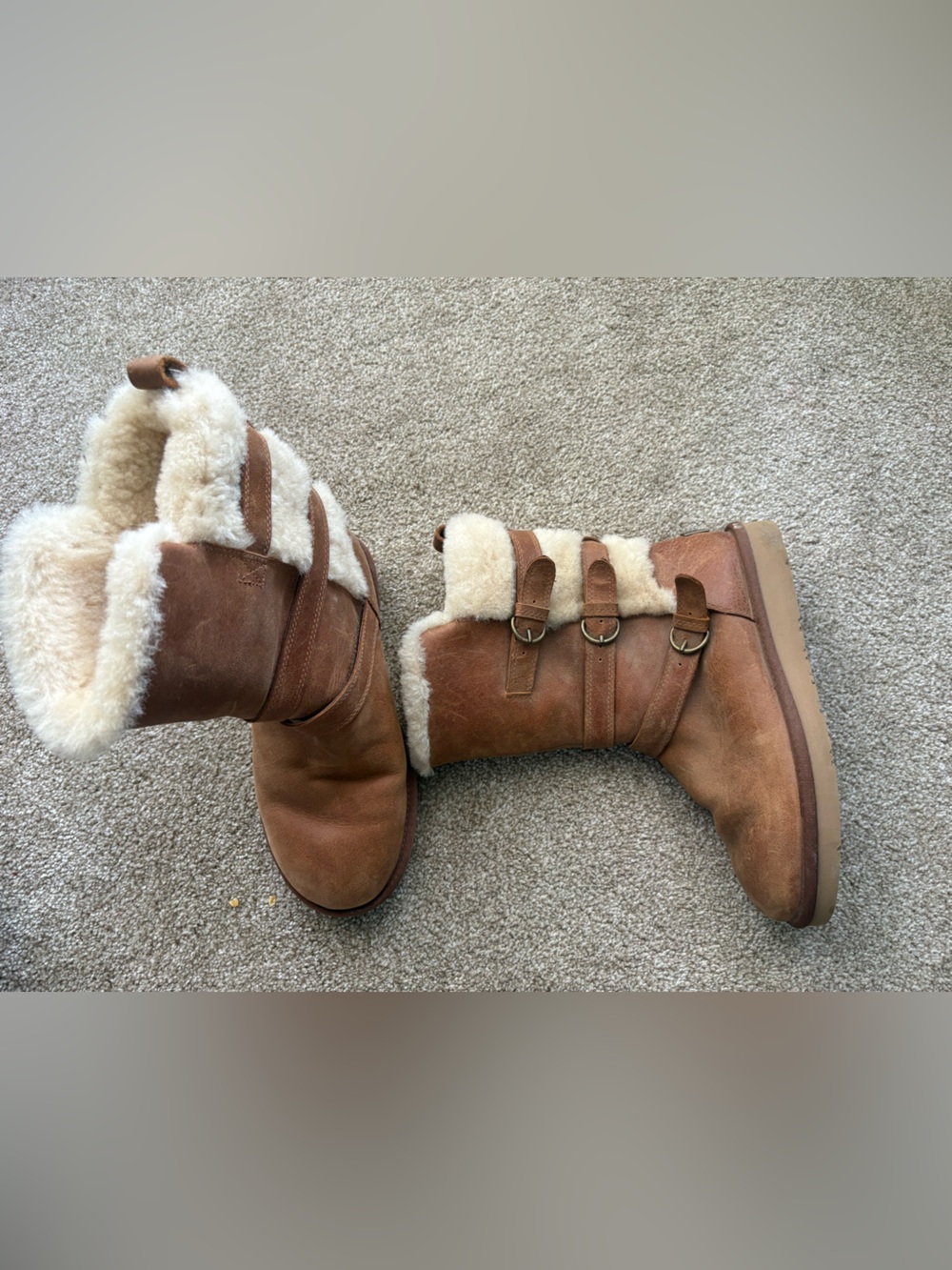 UGG Brown Shearling-Trim Leather Winter Boots with Triple Buckles Size 8